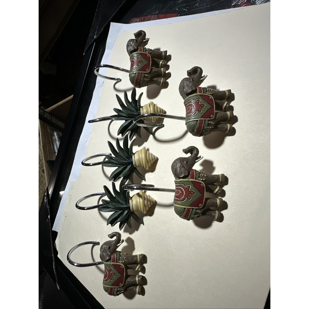 RARE VINTAGE ELEPHANTS & PLANT IN A PLANTER SET OF 7 PCS SHOWER CURTAIN HOOKS